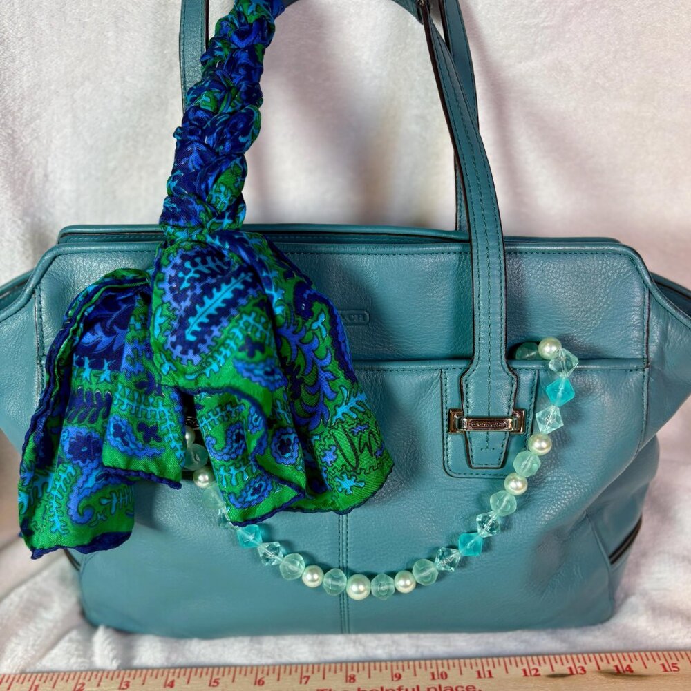 Coach Taylor Leather Alexis Caryall Tote in Teal Blue with Scarf and Chain - Picture 7 of 13